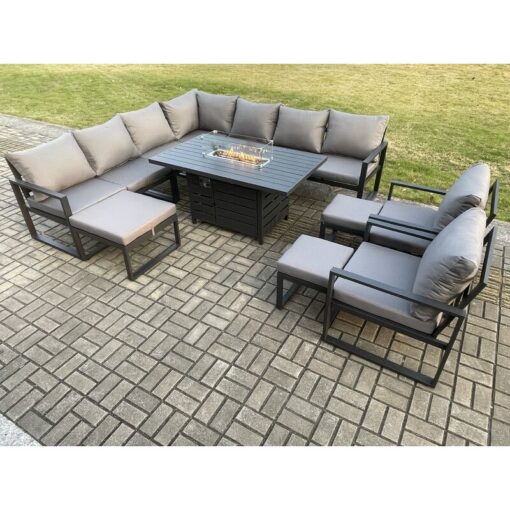 Aluminium Lounge Corner Sofa Outdoor Garden Furniture Sets Gas Fire Pit Dining Table Set with 2 Chairs 3 Footstools Dark Grey - Fimous