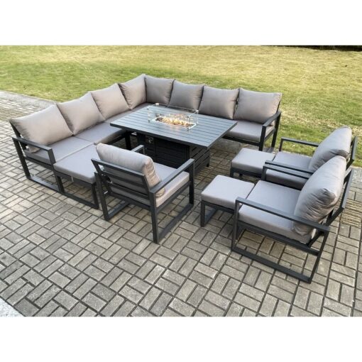 Aluminium Lounge Corner Sofa Outdoor Garden Furniture Sets Gas Fire Pit Dining Table Set with 3 Chairs 3 Footstools Dark Grey - Fimous