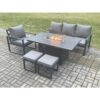 Aluminium Outdoor Garden Furniture Set Gas Fire Pit Dining Table Set Gas Heater Burner with 2 Small Footstools Dark Grey 6 Seater - Fimous