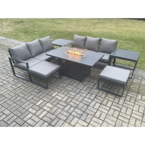 Aluminium Outdoor Lounge Sofa Garden Furniture Sets Gas Fire Pit Dining Table Set with 2 Big Footstools 2 Side Tables Dark Grey - Fimous