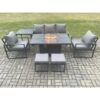 Aluminium Patio Outdoor Garden Furniture Lounge Sofa Set Gas Fire Pit Dining Table with Side Table 2 Small Footstools Dark Grey - Fimous