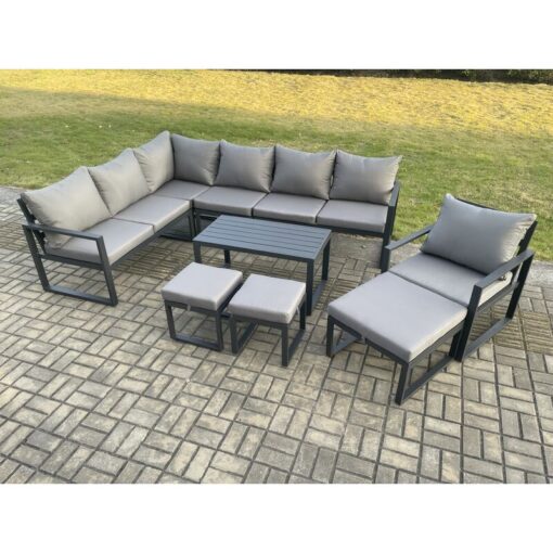 Aluminum 10 Seater Outdoor Lounge Corner Sofa Set Garden Furniture Sets with Oblong Coffee Table Chair 3 Footstools Dark Grey - Fimous