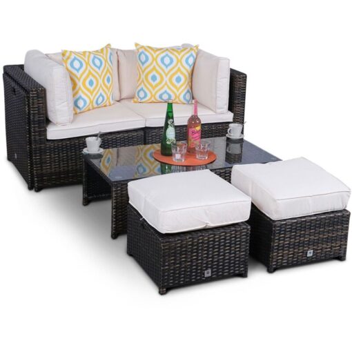 Amalfi 6 Seat Rattan Garden Sofa Set with Coffee Table and 2 Stools - Brown