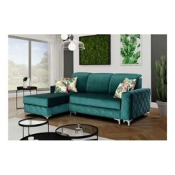 Antonio Plush Velvet Grey Corner Sofa Bed - Green Small Left Corner