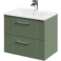 Avant Satin Green 600mm Wall Mounted Vanity Unit with 1 Tap Hole Minimalist Basin and 2 Drawers with Polished Chrome Handles - Wholesale Domestic