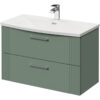 Avant Satin Green 800mm Wall Mounted Vanity Unit with 1 Tap Hole Curved Basin and 2 Drawers with Polished Chrome Handles - Wholesale Domestic