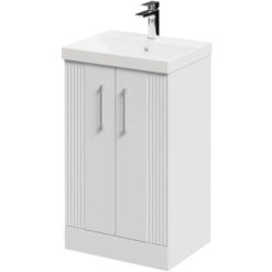 Avant Satin White 500mm Floor Standing Vanity Unit with 1 Tap Hole Slim Edge Basin and 2 Doors with Polished Chrome Handles - Wholesale Domestic