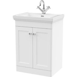 Balterley - Traditional Floor Standing 2 Door Vanity Unit with 1 Tap Hole Fireclay Basin, 600mm - Satin White