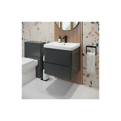 Bathroom Grey Gloss Vanity Unit and Basin Sink Storage Furniture Cabinet - 600mm Wall Hung - Grey - Regis