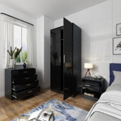 Bedroom Furniture 3 Pcs Set High Gloss 2 Doors Wardrobe and 4 Drawer Chest and Bedside Cabinet, Black - Elegant