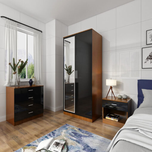 Bedroom Furniture 3 Pcs Set High Gloss 2 Doors Wardrobe and 4 Drawer Chest and Bedside Cabinet, Black/Walnut - Elegant