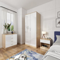 Bedroom Furniture 3 Pcs Set High Gloss 2 Doors Wardrobe and 4 Drawer Chest and Bedside Cabinet, White/Oak - Elegant