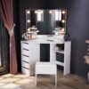 Bedroom Furniture Corner Dressing Table Makeup Desk with 3 Large Mirrors 5 Drawers, White Dresser Set with Stool + led Mirror Lights - Elegant