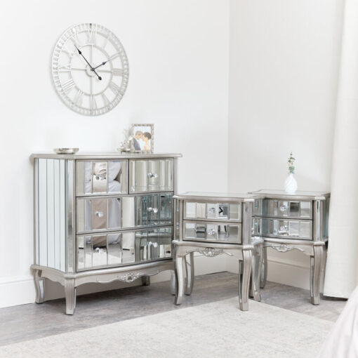 Bedroom Furniture, Silver Mirrored Chest of Drawers & Pair of Bedside Tables - Tiffany Range