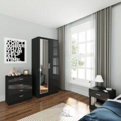 Bedroom Furniture Wardrobe Set 2 Soft Close Doors High Gloss Wardrobe with Mirror and 4 Drawer Chest and Bedside Cabinet, Black - Elegant