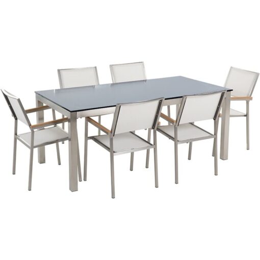 Beliani - 6 Seater Garden Dining Set Black Glass Top White Chairs Grosseto