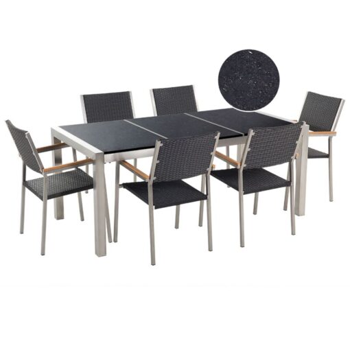 Beliani - 6 Seater Garden Dining Set Triple Black Granite Top Black Rattan Chairs Grosseto