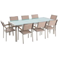 Beliani - 8 Seater Garden Dining Set Cracked Ice Glass Top Beige Chairs Grosseto