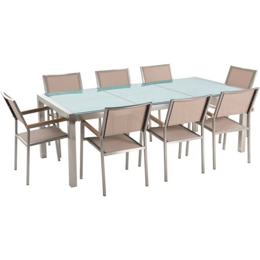 Beliani - 8 Seater Garden Dining Set Cracked Ice Glass Top Beige Chairs Grosseto