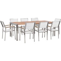 Beliani - 8 Seater Garden Dining Set Eucalyptus Wood Top White Chairs Grosseto