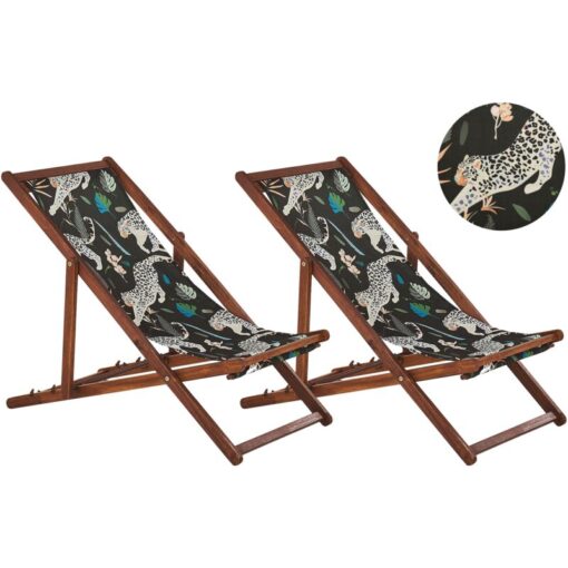 Beliani - Set of 2 Folding Deck Chairs Sun Loungers Dark Acacia / Animal Pattern Anzio