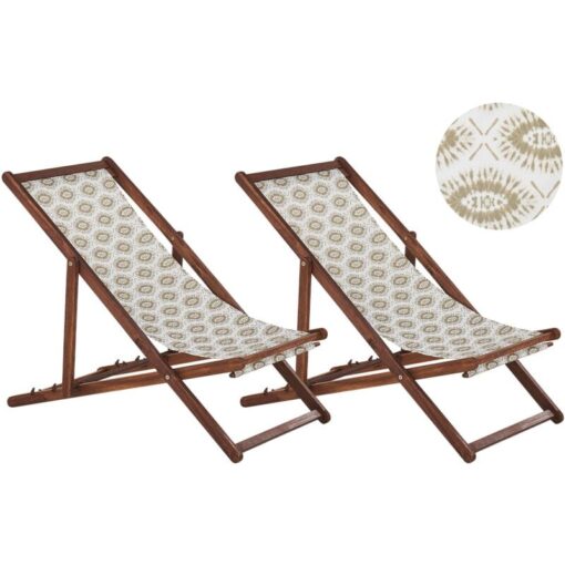 Beliani - Set of 2 Folding Deck Chairs Sun Loungers Dark Acacia / Beige Anzio