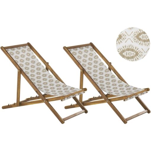 Beliani - Set of 2 Folding Deck Chairs Sun Loungers Light Acacia / Beige Anzio