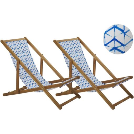 Beliani - Set of 2 Folding Deck Chairs Sun Loungers Light Acacia / White and Blue Anzio