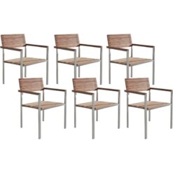 Beliani - Set of 6 Garden Dining Chairs Silver Stainless Steel Teak Solid Wood Viareggio