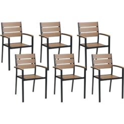 Beliani - Set of 6 Modern Outdoor Dining Chairs Aluminium Light Wood and Black Vernio