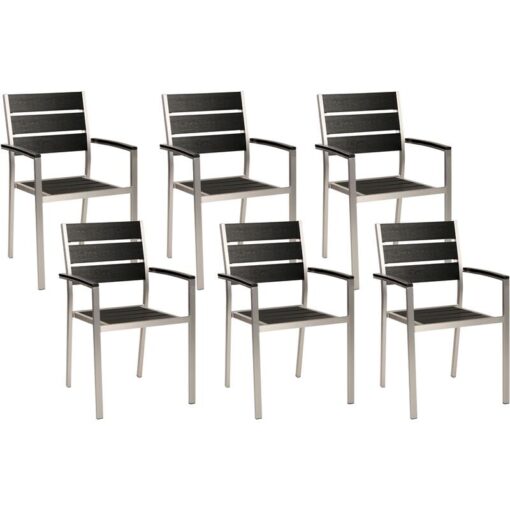 Beliani - Set of 6 Modern Outdoor Dining Chairs Plastic Wood Aluminium Silver Frame Black Vernio