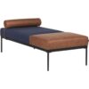 Beliani - Stylish Faux Linen and Faux Leather Chaise Lounge Iron Black Legs Living Room Furniture Dark Blue and Brown Malmos