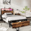 Black+Walnut Metal Bed With LED Light Strip And Drawer, 3 USB Port Wrought Iron Bed