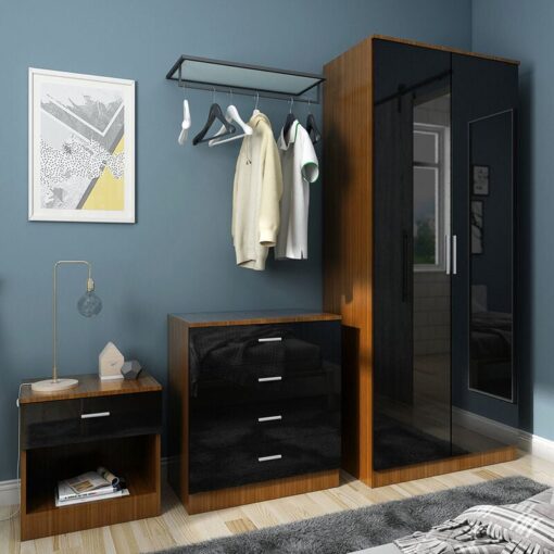 Black/Walnut Modern High Gloss Wardrobe and Cabinet Furniture Set Bedroom 2 Doors Wardrobe and 4 Drawer Chest and Bedside Cabinet - Elegant