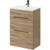 Bordalino Oak 600mm Floor Standing Vanity Unit with 1 Tap Hole Curved Basin and 2 Drawers with Gunmetal Grey Handles - Napoli