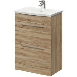 Bordalino Oak 600mm Floor Standing Vanity Unit with 1 Tap Hole Curved Basin and 2 Drawers with Polished Chrome Handles - Napoli