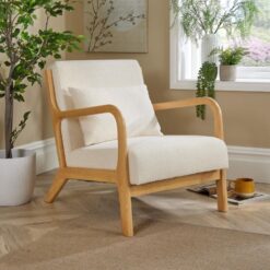 Boucle Wooden Armchair Teddy Fur Cream Modern Home Chair Furniture Seating - Cream