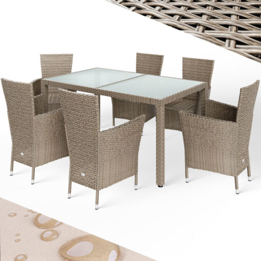 CASARIA® 6+1 Polyrattan Outdoor Dining Furniture Set 150x90cm Glass Top Table 6 Poly Rattan Stackable Armchairs with 7cm thick Cushions Garden Patio