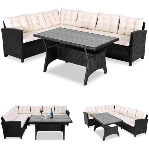 CASARIA® Lisbon Polyrattan Garden Corner Dining Furniture Set WPC Table Black