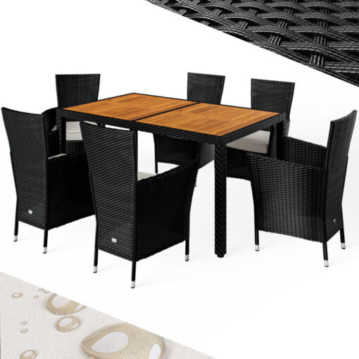 CASARIA® Rattan Garden Furniture Dining Table and Chairs Set Patio Rectangular Black 6 Seater Outdoor Wooden