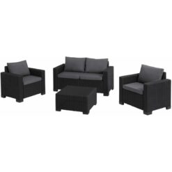 California 4 Seater Outdoor Garden Furniture Lounge Set - Graphite with Grey Cushions - Keter