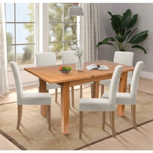 Camberley Oak Butterfly Extendable Dining Table and Chairs Set 6, Wooden Kitchen Table with 4 Straight Back Chairs in Beige Fabric for Home & Café