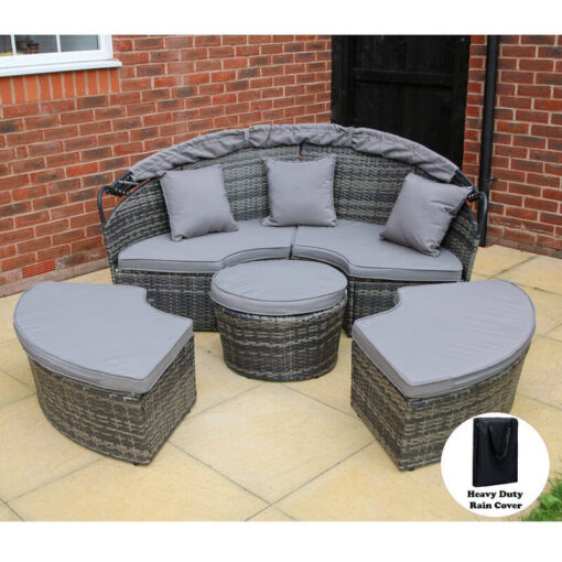 Cannes Garden Outdoor Furniture Rattan Sun Lounger Island With Rain Cover in Grey - grey