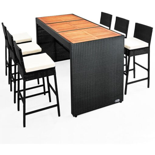 Casaria - Deuba Poly Rattan Bar Set Waterproof Garden Patio Furniture Aluminium Outdoor Dining Table and Chair Stools Conservatory Acacia Wood Table