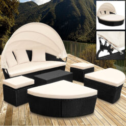 Casaria - Deuba Poly Rattan Sun Day Bed Garden Furniture with Table and Canopy Black Outdoor Patio Sofa Lounger Set