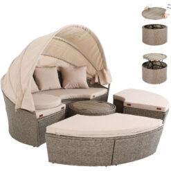 Casaria - Poly Rattan Garden Day Bed Ø185cm Sun Isle Lounger with Canopy Side Table Large Patio Furniture Set (Cream)