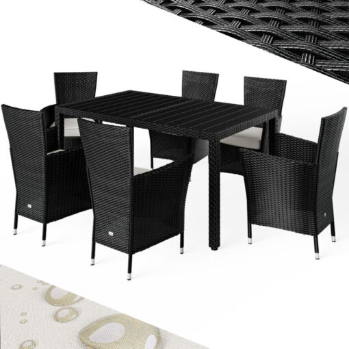 Casaria Poly Rattan Garden Furniture Dining Table Chairs Set 4/ 6/ 8 Seater Cushions WPC Black Patio Outdoor Balcony Terrace Wicker Conservatory 6+1