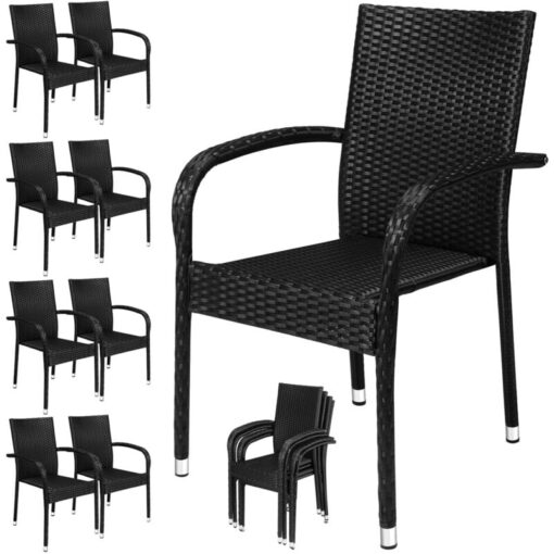 Casaria - Polyrattan Garden Chairs Set of 8 Stackable Height Adjustable 160 kg Load Capacity Armrests Garden Balcony Terrace Stacking Chair Garden