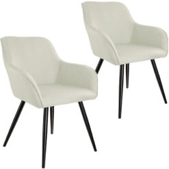 Chair Marilyn Set of 2 - with armrests, padded, linen look, black steel legs - cream/black