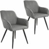 Chair Marilyn Set of 2 - with armrests, padded, linen look, black steel legs - light grey/black